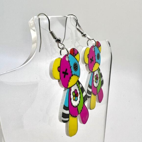 Patchwork Bear Earrings - Halloween Earrings - Punk Earrings - Teddy Bear Earrin - Picture 2 of 7